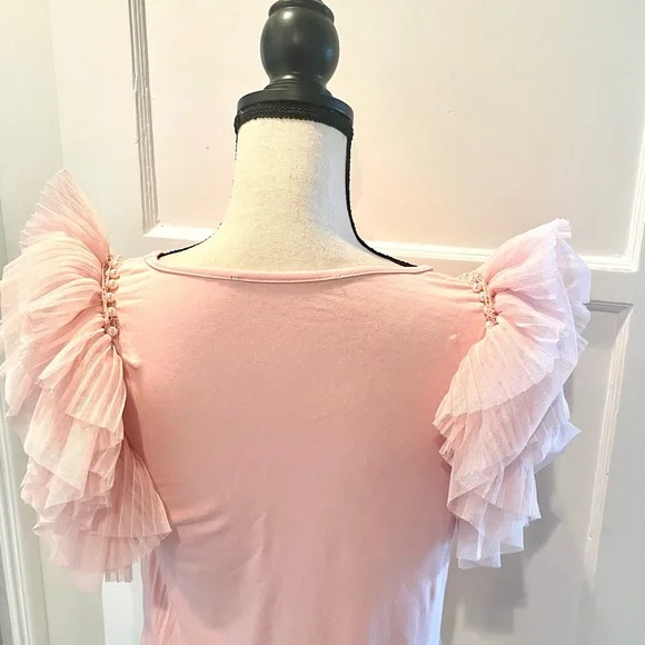 LAST SALE PRICE TOP FROTHY PLEATED LAYERS TULLE SLEEVE ROSE SIZE SMALL STRETCH - Picture 2 of 13